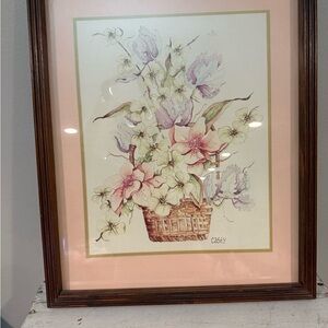 Vintage Framed Print Floral Arrangement in Basket Print Signed Casey, Pastel